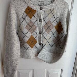 Sincerly Jules Cream Argyle Button Cardigan with Mustard Accents